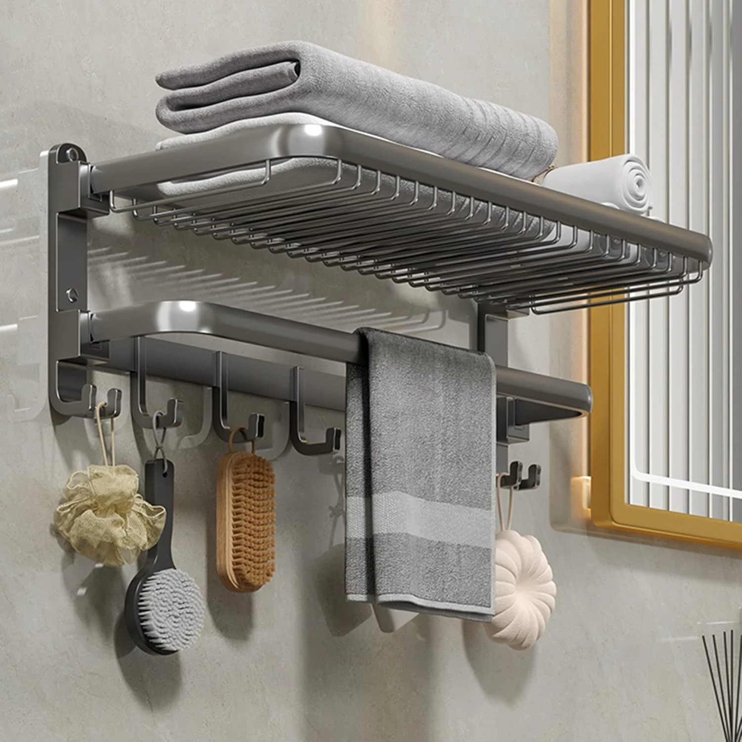 Porte-Serviettes Mur Monté avec Crochets – Étagère Pliable 24 Pouces